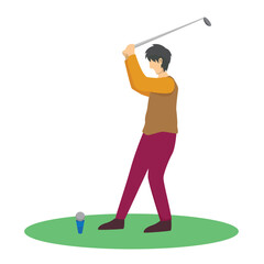 Young Man Swinging with Golf Club, Male Golfer Player Playing Golf on Course, Outdoor Sport or Hobby Vector Illustration