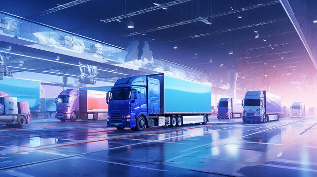 Paint a bustling logistics center with modern trucks loading and unloading cargo, showcasing the efficiency and precision of the supply chain Generative AI