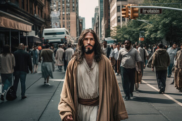 Fototapeta na wymiar Jesus Christ walking in the city street, generative AI