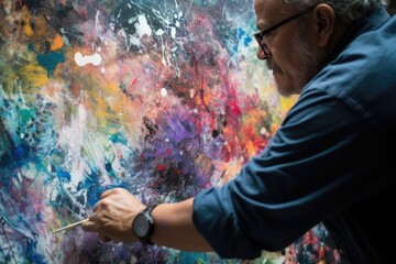 Fototapeta na wymiar closeup of an artist using spray paint on a canvas