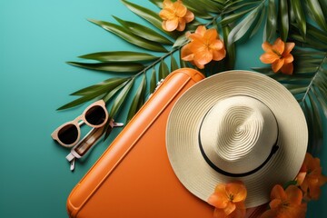 Vacation concept. An overhead shot of a Sun Hat with palm leaves and suitcase. teal background with space for promotion. Copy Space. Made With Generative AI.