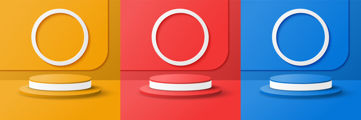Set of cylinder pedestal podium display, Empty room background. Abstract modern vector rendering 3d shape for products display presentation.