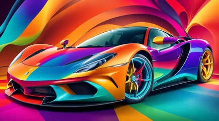 Fotobehang Auto cartoon hd abstract sports car on colored background, car art, colored car on abstract colored background