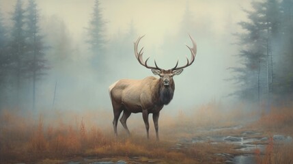 deer comes out of the fog.