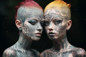 Papier Peint photo autocollant Pleine lune Generative ai full body tattooed fashion glamour women twins sister