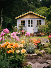Fototapeta na wymiar Log cabin surrounded by flowers, rose garden