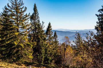 View to Tatra mountains from Velka Cantoryje hill in autumn Slezske Beskydy mountains