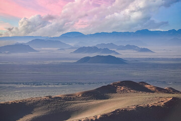 Namibia, aerial view of the Namib desert, sunrise, in rain season
