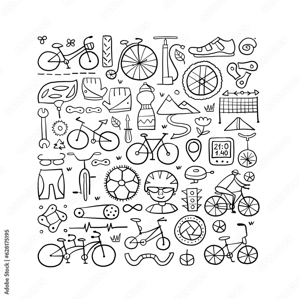 Aufkleber bicycle time. types of bicycles, tools and spare parts. abstract square frame for your design