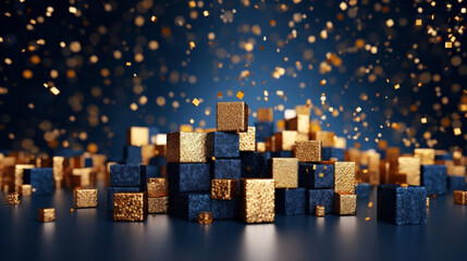 Glitter vintage lights background. gold, silver, blue and black. defocused.Abstract glowing wallpaper background