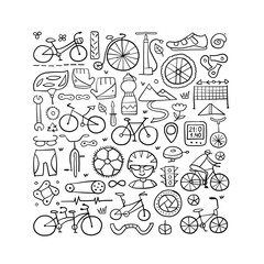 Bicycle time. Types of bicycles, tools and spare parts. Abstract square frame for your design