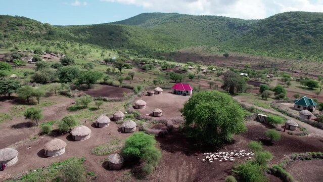Drone flight over a Maasai tribe and its village in Tanzania, Africa, HD