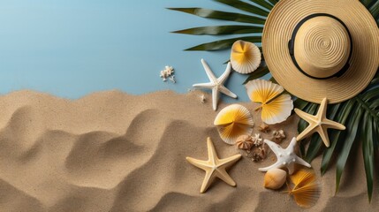 Fototapeta na wymiar Vacation concept. An overhead shot of a Sun Hat with palm leaves. Background with space for promotion. Copy Space. Made With Generative AI.