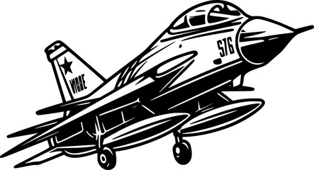 Fighter Jet - Black and White Isolated Icon - Vector illustration