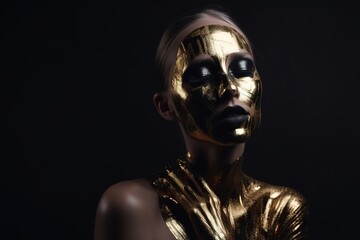 Close-up portrait of a fantasy woman's face in golden paint. Golden shiny skin. metallic makeup. black studio. generative AI