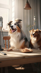 Two collie dogs are sitting at the table, waiting for food