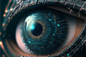 Extreme Close-Up of a Glitching Cybernetic Eye, a Vision of Futuristic Technology by Generative AI