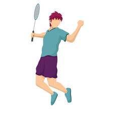 Badminton vector boy. Sport background with badminton athlete playing athletics competition. Isolated isometric people illustration.