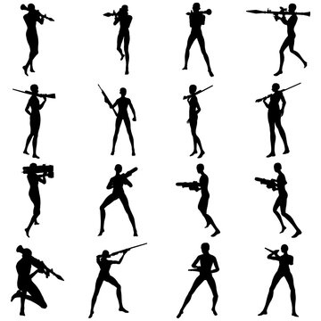 Bundle of illustrations of silhouettes of soldiers using rifles and grenade launchers