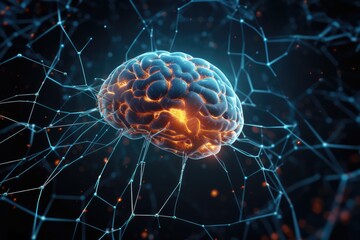 AI concept - digital neuron connections, hologram brain view, innovative technology, plexus lines. Photo generative AI