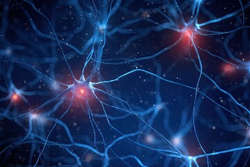 Naklejka na ściany i meble Neuron cell network model with glowing connections. Photo generative AI
