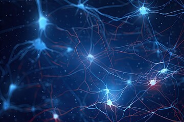 Naklejka na ściany i meble Neuron cell network model with glowing connections. Photo generative AI