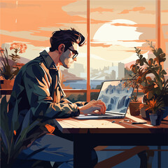 Men working on the desk, computer.