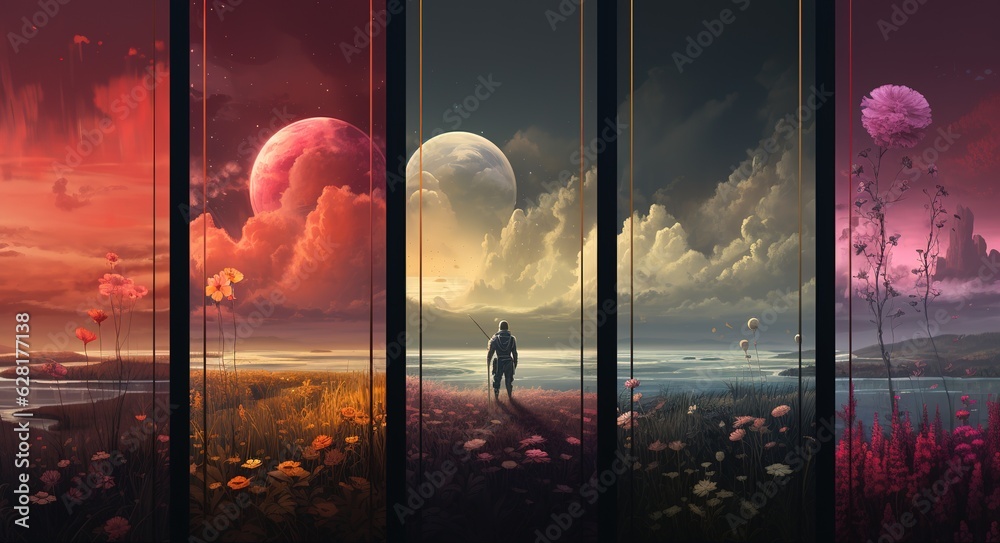 Wall mural astronaut on the surface of a rock with a space colorful background, an astronaut walks on the moon 