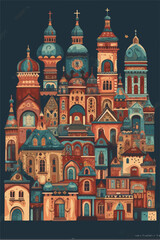 Fototapeta premium Maximalist medieval abbey, naive art 