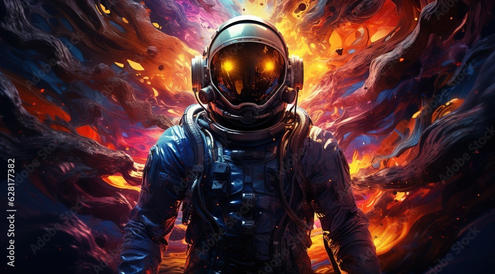 Canvas Prints astronaut on the surface of a rock with a space colorful background, an astronaut walks on the moon 