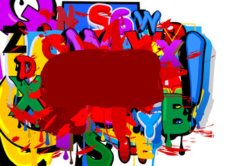 Red Graffiti speech bubble on colorful background. Abstract modern Messaging sign street art decoration, Discussion icon performed in urban painting style.