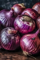 Pile of freshly picked red onions. Generative AI.