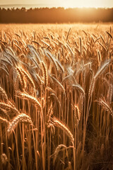 Golden cereal field at sunset. Generative AI.
