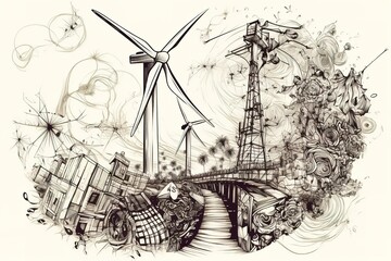 farm country side sketch with plants shrubs and wind mill