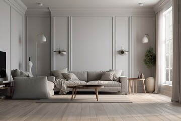 grey themed living room with sofa set plants and lights