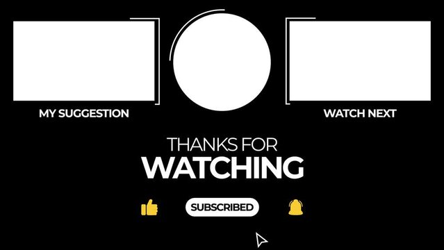 Animation of thank you for watching text, like, subscribe, ring bell button, my suggestion and next video. Suitable for video end screen.