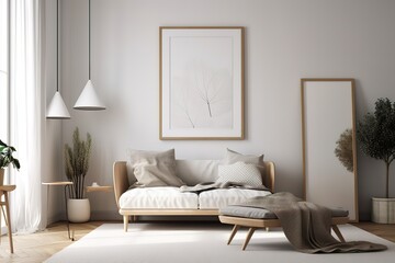 Fototapeta na wymiar living room with grey walls plants wooden sofa set and portrait