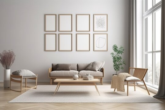 living room with grey walls plants wooden sofa set and portrait