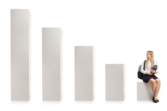 Female college student sitting on a bar chart and looking at rising columns