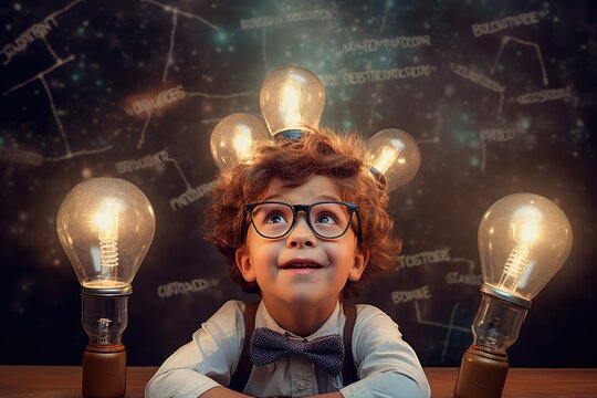 Glowing knowledge: Nerd kids donning mind-reading helmets. Photo generative AI