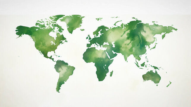Watercolor world map in green colors