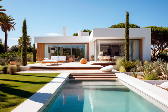 Luxury modern vacation home with a swimming pool. Sunbeds, relaxing vacation Mediterranean © Jezper