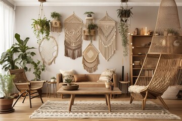 Mock up of a rustic bohemian living room in dark and beige tones. Modern wallpaper, furniture, and decorations. modern interior decor. Generative AI