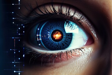 Data collection and biometrics concept. Close-up of a human eye under a laser scanner.