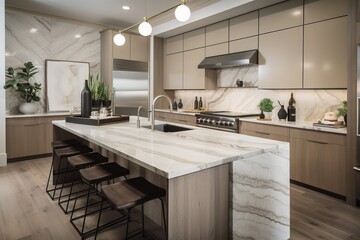 A chic modern kitchen with a white marble counter. AI generated