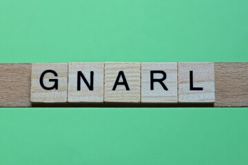 word gnarl made of small gray wooden letters on a green paper background