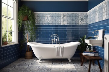 Fototapeta na wymiar A coastal-inspired Transitional style Bathroom with Mixed Fabrics and Wood textures, featuring a serene blue and white color scheme and a distressed wood mirror frame. generative ai