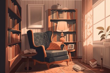 Cozy reading nook with comfortable chair, spot light and large library. AI generated