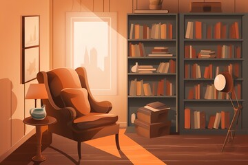 Cozy reading nook with comfortable chair, spot light and large library. AI generated