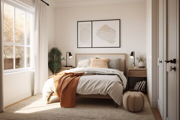 Fototapeta premium A cozy and inviting guest room with plush bedding and a gallery wall of art, perfect for hosting visitors. Generative AI
